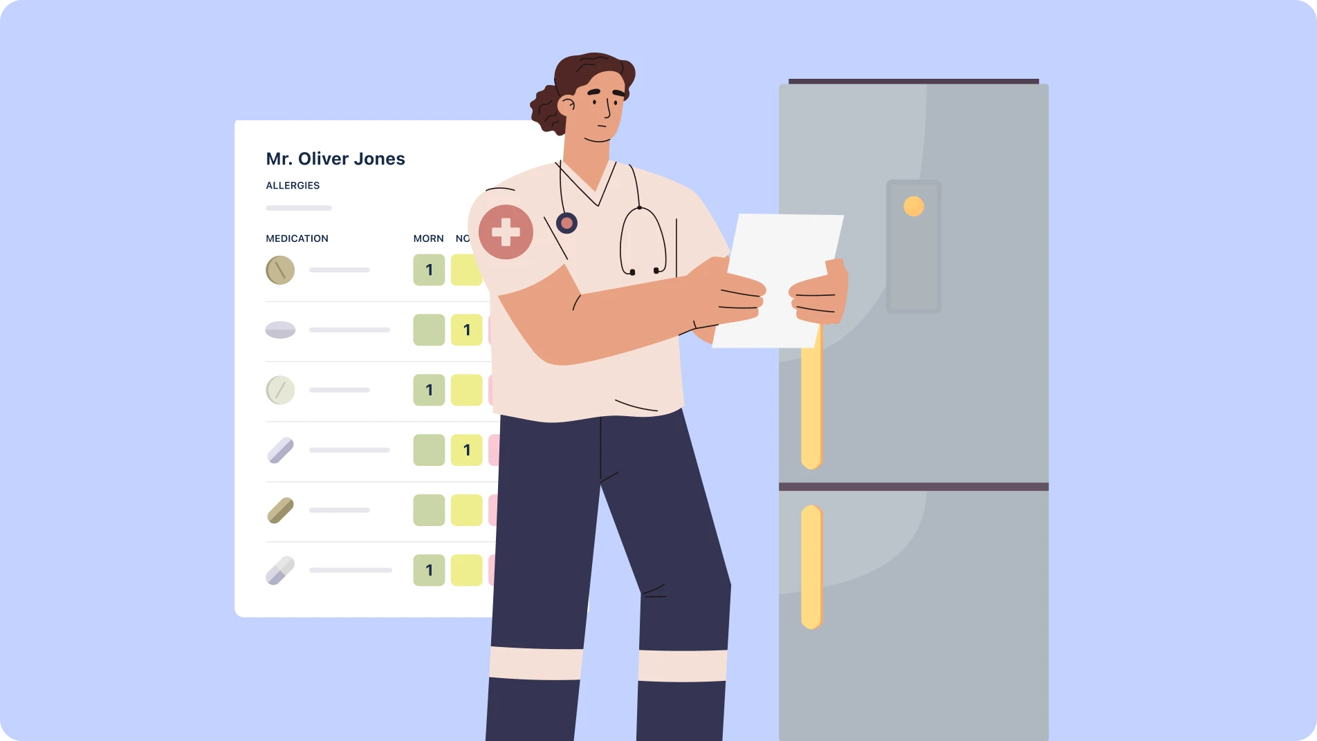 Paramedic reading medicine chart on the fridge